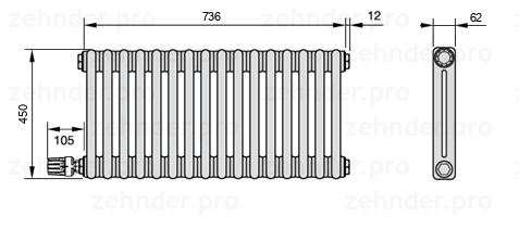 Схема (чертеж) Радиатор Zehnder Charleston 2045/16 №V004 Белый глянцевый RAL 9016